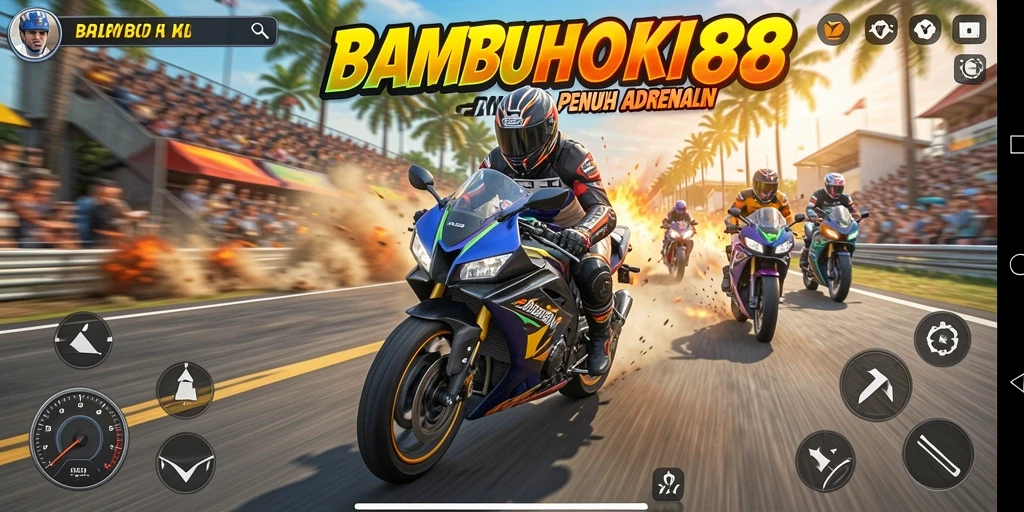 Tampilan gameplay seru dalam BAMBUHOKI88 saat balap motor.