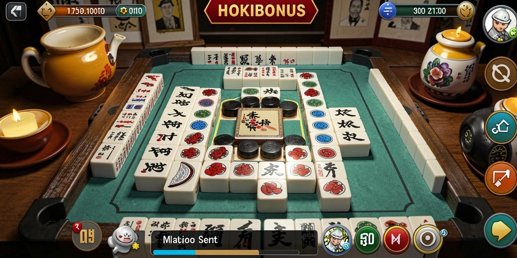 Tampilan gameplay HOKIBONUS dengan desain batu Mahjong yang cantik.