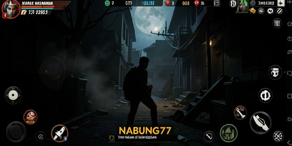 Tampilan gameplay menegangkan dari NABUNG77 dengan suasana horror yang mencekam.