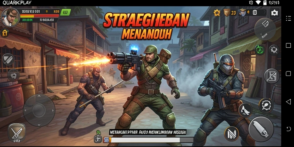 Screenshot gameplay strategis QUARKPLAY menampilkan pertarungan epik.