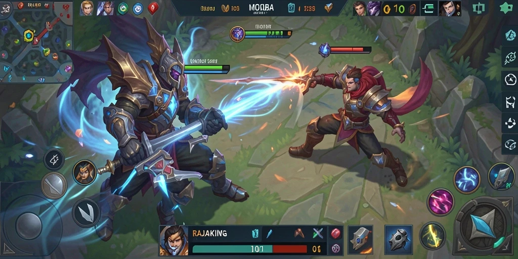 Screenshot gameplay RAJAKING menampilkan aksi seru dalam pertarungan MOBA.