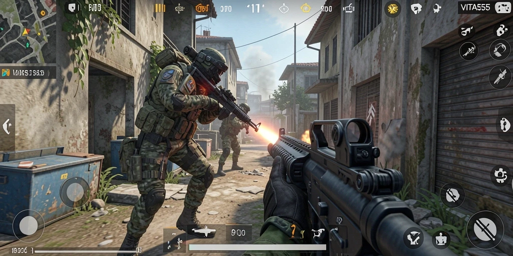 Tampilan menarik dari gameplay intens VITA555 yang menampilkan aksi menembak.