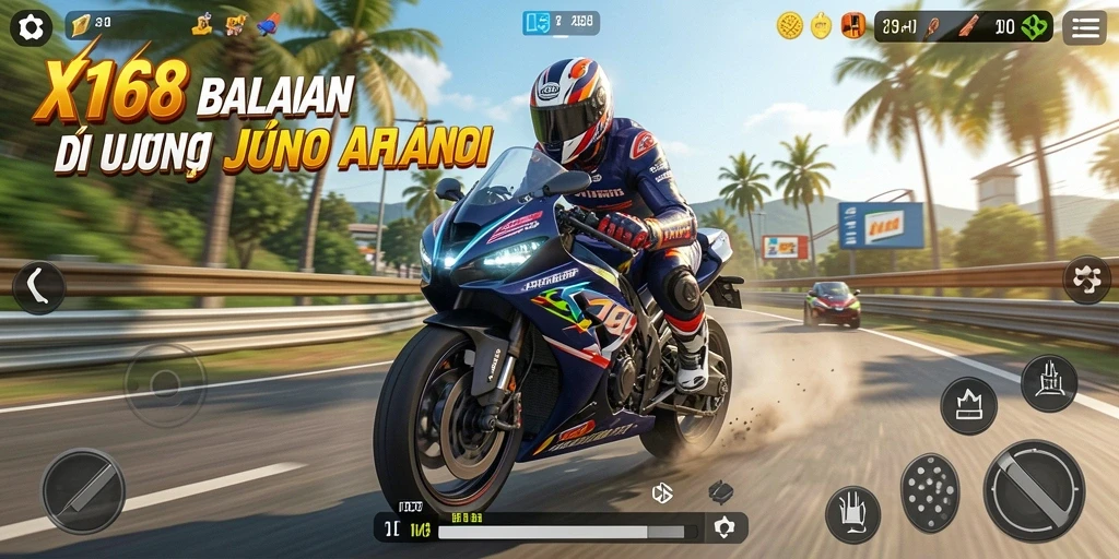 Screenshot utama X168 menampilkan balapan motor intens di lintasan kota.
